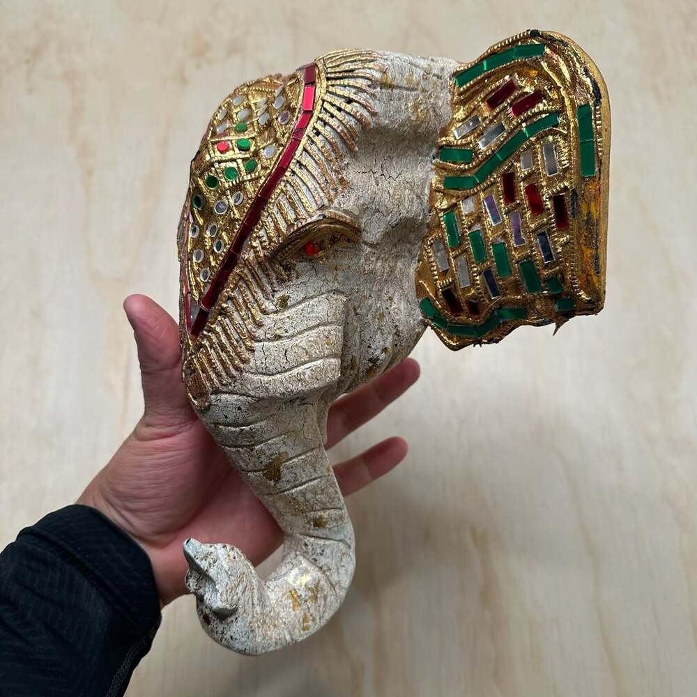 Handmade Wooden Jeweled Mosaic Elephant Head Wall Hanging Statue Decor